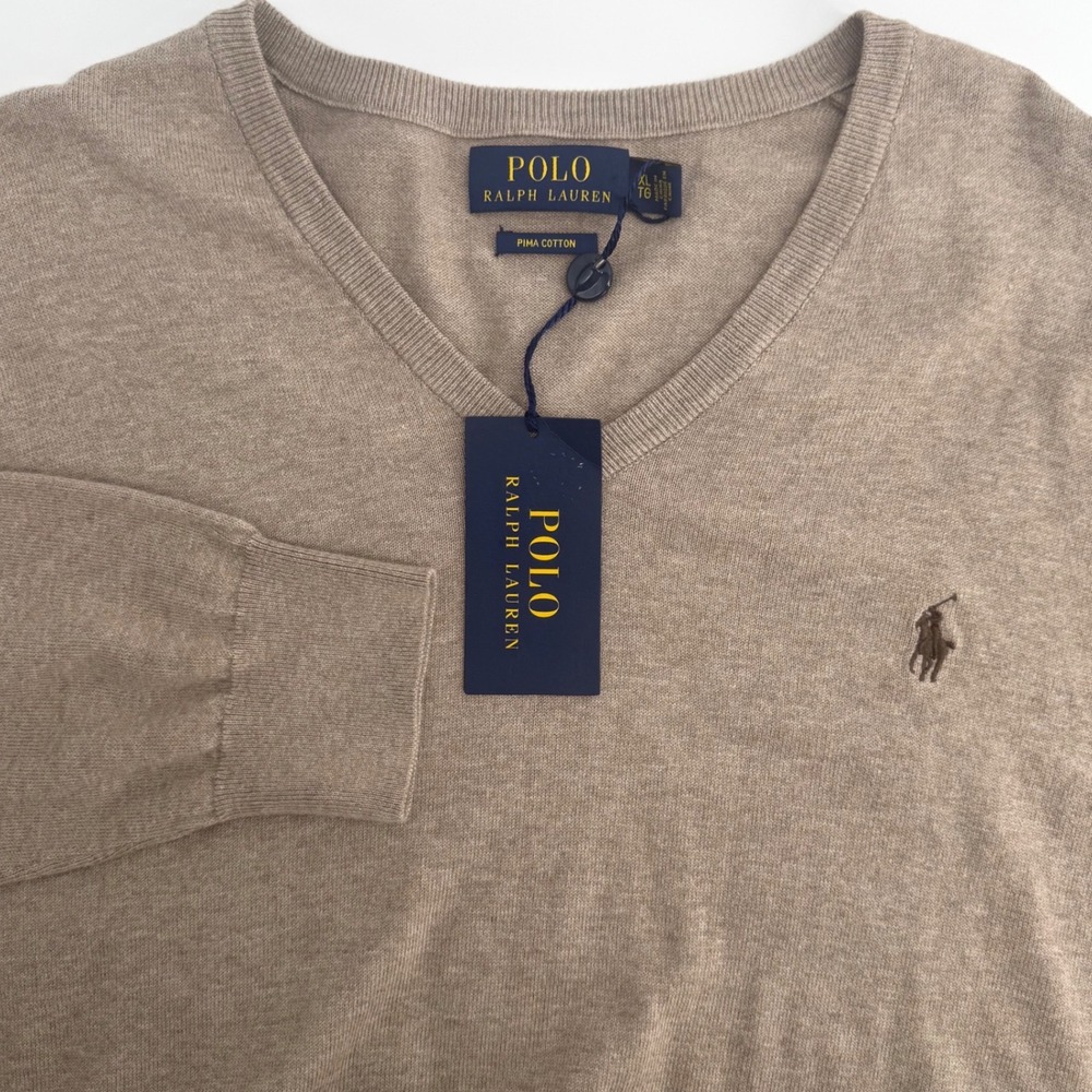Polo Ralph Lauren Mens XL Pima Cotton V-Neck Sweater Tan Heather NWT